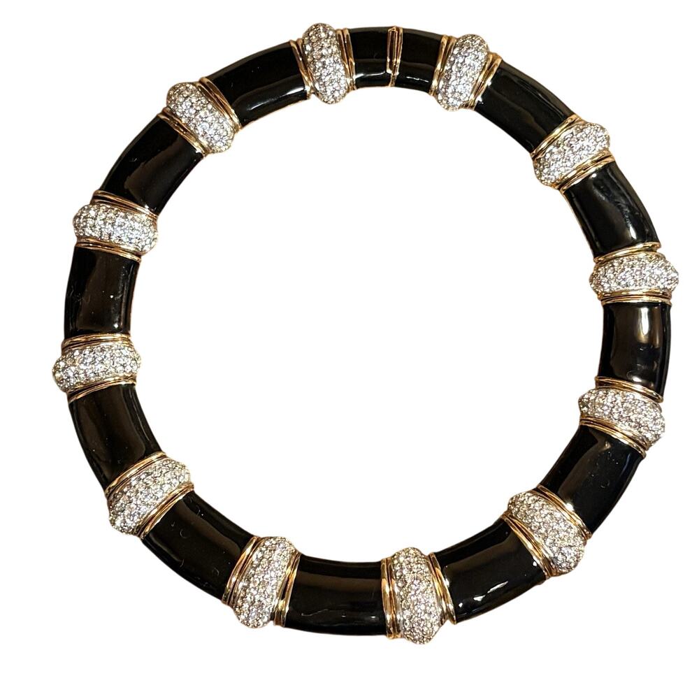 Ciner Demi-Parure Collar Necklace Gold, Black Enamel & Crystal Rhinestones Vint.